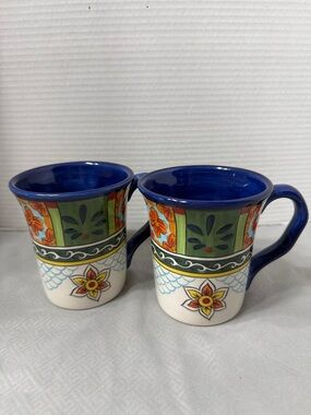 Tabletops Gallery Benoit Blue Floral Geometric Print Ceramic Mugs Cups Set of 2